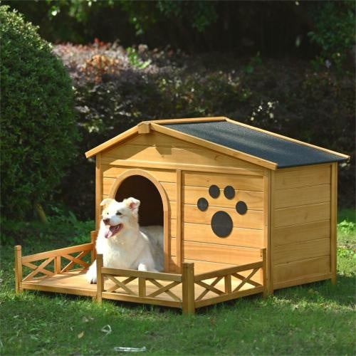 Dog Wooden House with Porch – Medium Outdoor Kennel with Roof & Fenced Patio
