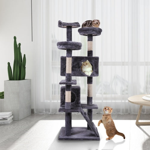 Cat Tower with Plush Perch, Ladder & Play Ball – Indoor Cat Tree (Gray)