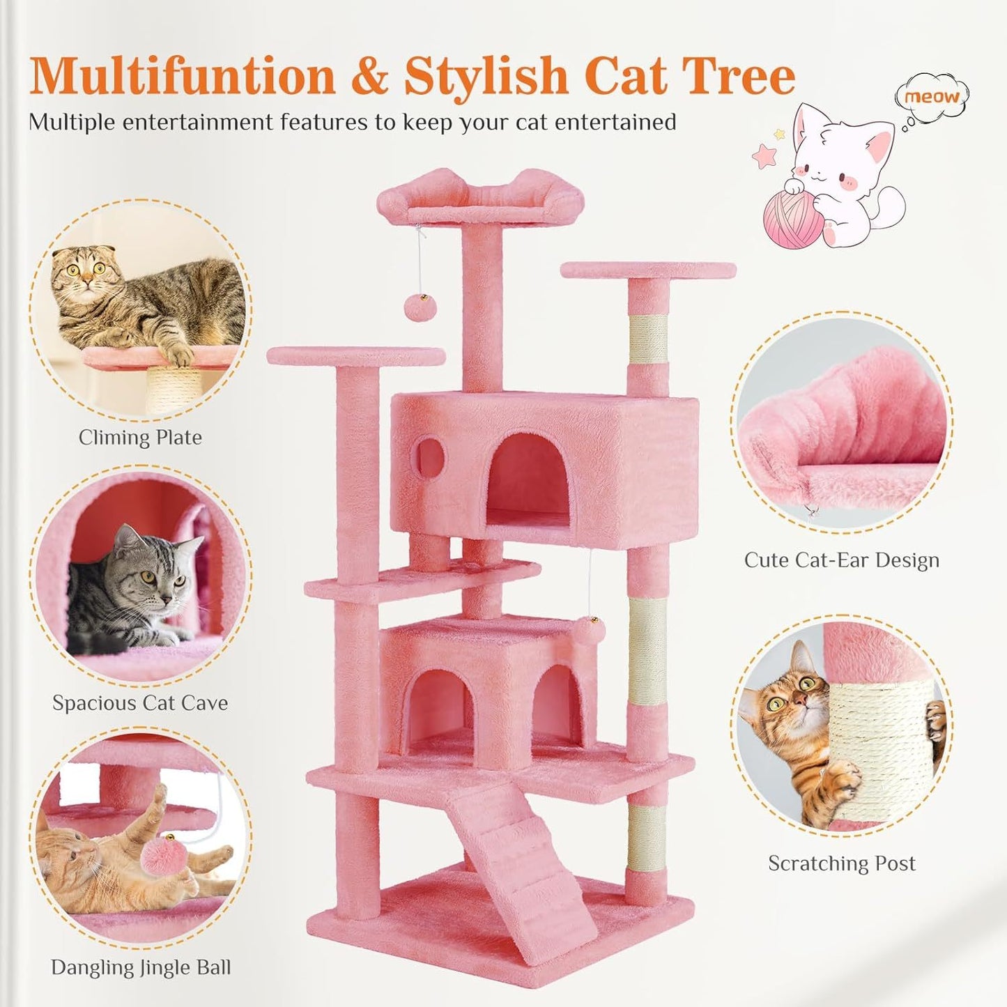 Cat Tree Tower – 54" Multi-Level Activity Center with Ladder & Sisal Posts