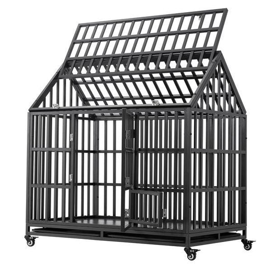 Dog Cage with Roof – Heavy Duty Pet Kennel with Roof Windows for Indoor & Outdoor Use