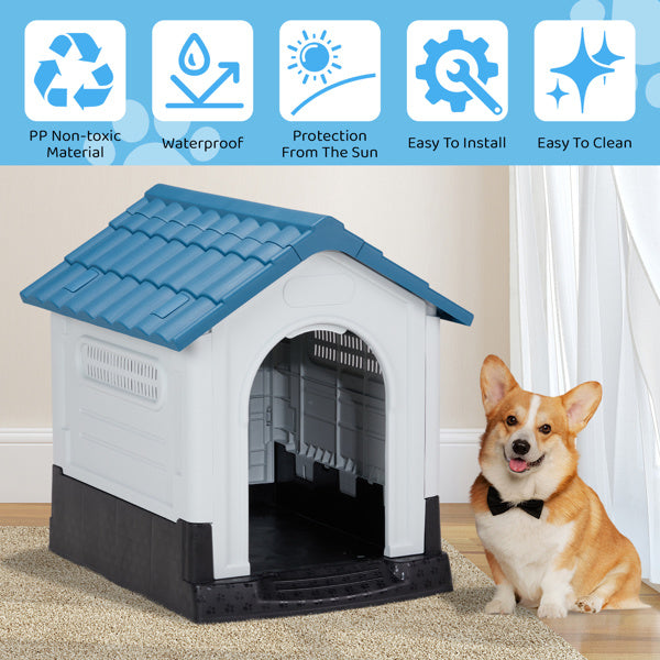 Dog Spire House – 26" Blue & White PVC Pet Home with Shutters for Small Dogs & Cats