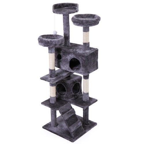 Cat Tower with Plush Perch, Ladder & Play Ball – Indoor Cat Tree (Gray)