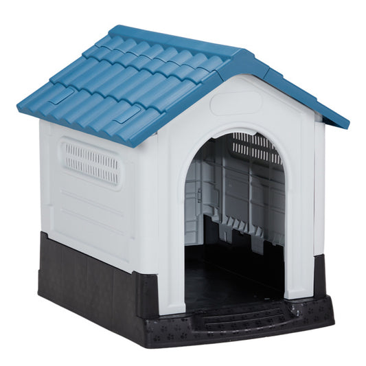 Dog Spire House – 26" Blue & White PVC Pet Home with Shutters for Small Dogs & Cats