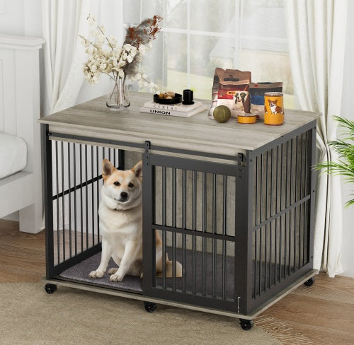 Dog Furniture Crate – Stylish Dog Cage with Sliding Iron Door & Comfy Mat