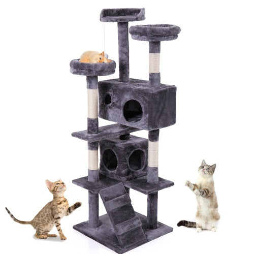 Cat Tower with Plush Perch, Ladder & Play Ball – Indoor Cat Tree (Gray)