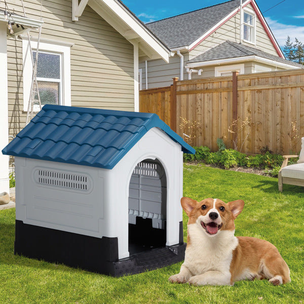 Dog Spire House – 26" Blue & White PVC Pet Home with Shutters for Small Dogs & Cats