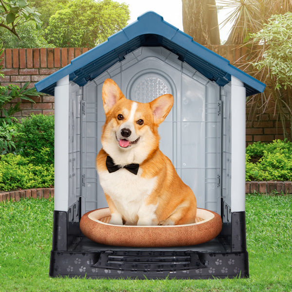 Dog Spire House – 26" Blue & White PVC Pet Home with Shutters for Small Dogs & Cats