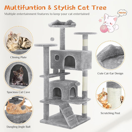 Cat Tree Tower – 54" Multi-Level Activity Center with Ladder & Sisal Posts