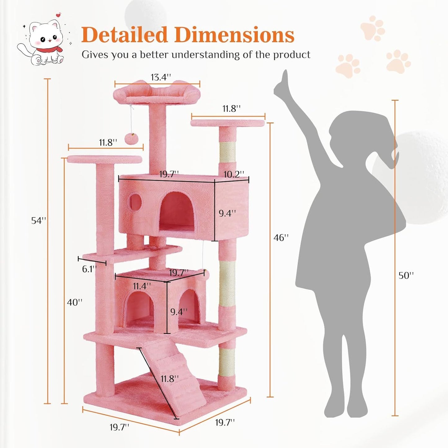 Cat Tree Tower – 54" Multi-Level Activity Center with Ladder & Sisal Posts