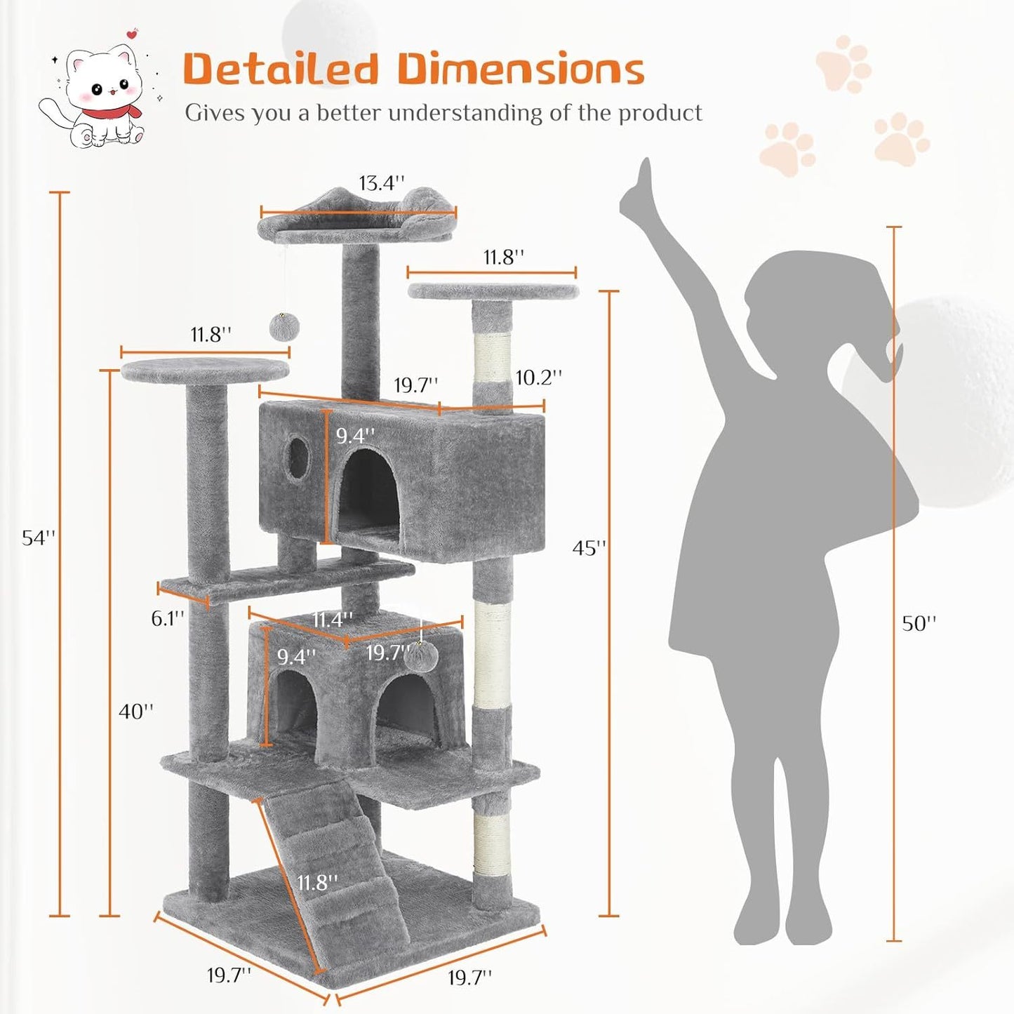 Cat Tree Tower – 54" Multi-Level Activity Center with Ladder & Sisal Posts