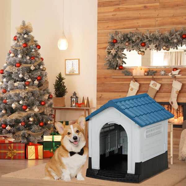 Dog Spire House – 26" Blue & White PVC Pet Home with Shutters for Small Dogs & Cats