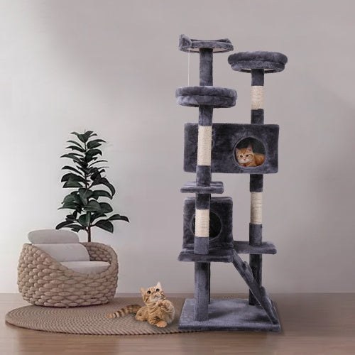 Cat Tower with Plush Perch, Ladder & Play Ball – Indoor Cat Tree (Gray)