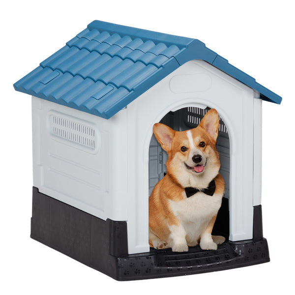 Dog Spire House – 26" Blue & White PVC Pet Home with Shutters for Small Dogs & Cats
