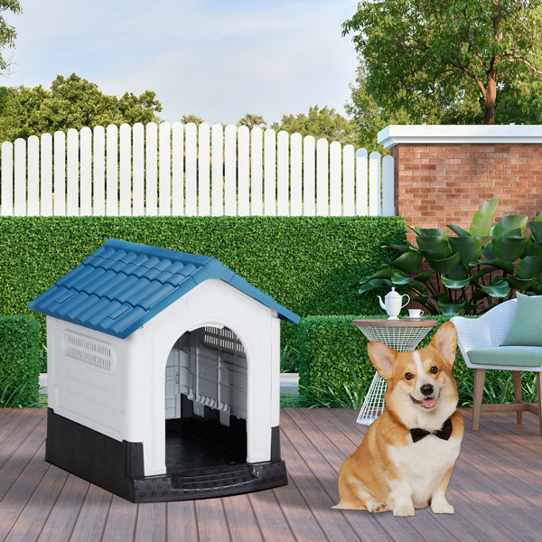 Dog Spire House – 26" Blue & White PVC Pet Home with Shutters for Small Dogs & Cats